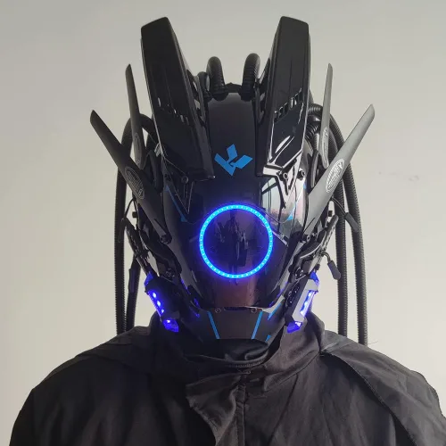Vista 3 de KYEDAY Máscara punk cosplay para hombres, luz redonda con trenzas máscara Cosplay Halloween Fit fiesta festival música accesorios