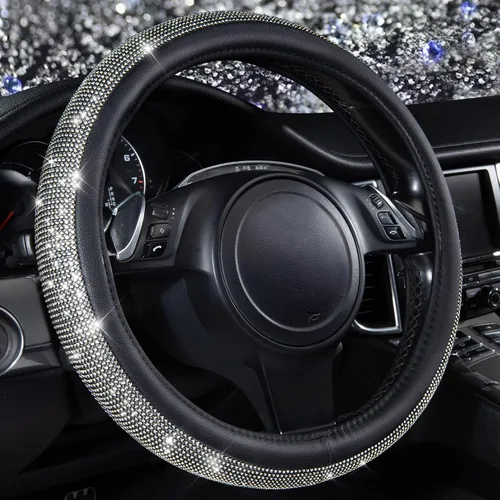 Vista 15 de CAR PASS Funda para volante de cuero beige con diamantes brillantes, cristales blancos brillantes con purpurina y pedrería, ajuste universal de 14