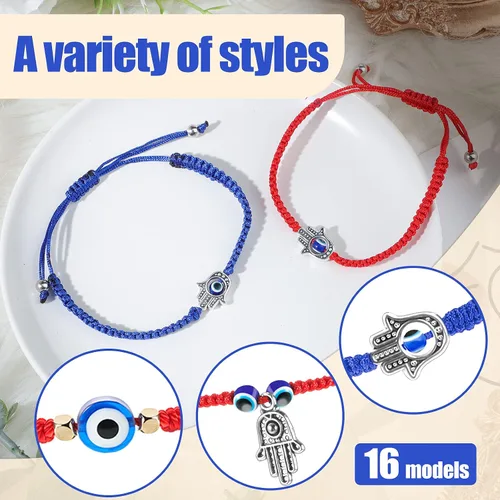 Vista 3 de 16 pulseras de ojo malvado ajustable, trenzadas, pulsera de la suerte, pulsera de Ojo, cordón negro, rojo, pulsera de cuentas de mano con cábala