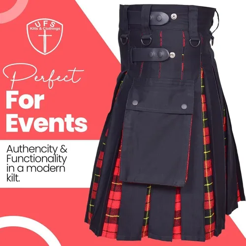 Vista 6 de UFS Kilts-Kilts - Kilts para hombre, talla grande, híbridos escoceses, algodón negro y tartán, con correas de cuero, para hombre, Tartán Wallace