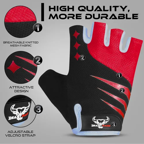 Vista 6 de BEAST RAGE Guantes de ciclismo de medio dedo para hombres y mujeres, guantes acolchados de gel, antideslizantes, absorben los golpes, levantamiento
