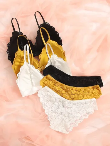 Vista 2 de Floerns Conjunto de lencería para mujer, 3 unidades, conjunto de brasier y braga a juego con encaje en contraste