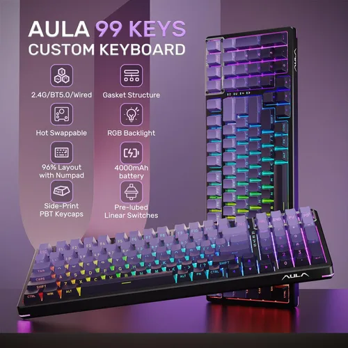Vista 4 de AULA Teclado de 99 teclas, triple modo Bluetooth2.4GHzUSB-C teclado personalizado intercambiable en caliente, interruptores lineales prelubricados