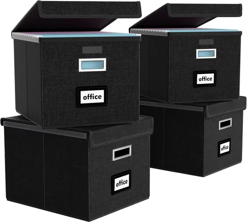 Vista 12 de Caja organizadora de archivos Huolewa con tapa, caja organizadora de carpetas de archivos colgantes de cuero sintético plegable con deslizadores