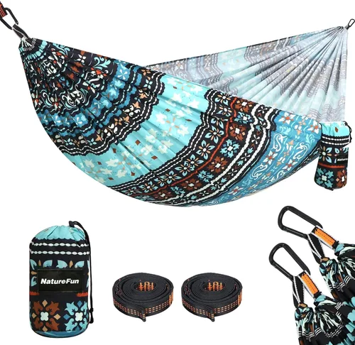 Vista 15 de NATUREFUN Hamaca ultraligera para viajes y camping Capacidad de carga de 300 kg, transpirable, de secado rápido Incluye 2 mosquetones premium, 2