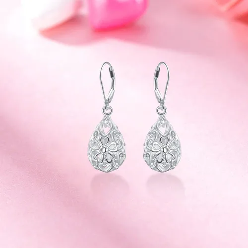 Vista 7 de Aretes colgantes de filigrana de plata de ley 925, margarita, loto, flor de rosa, piedra lunar, lágrima para mujer, nudo celta infinito, margarita
