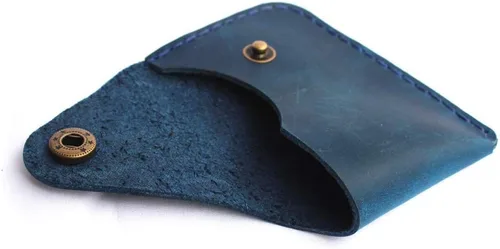 Vista 7 de Tarjetero de cuero hecho a mano con cierre a presión, billetera minimalista ultrafina con bolsillo frontal, funda simple de cuero genuino cosida a