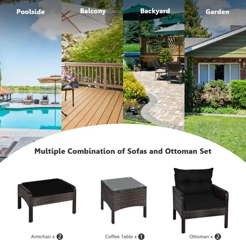 Vista 6 de Juego de muebles de mimbre para patio, juego de conversación de mimbre modular para exteriores con 2 otomanas y mesa de centro de vidrio templado