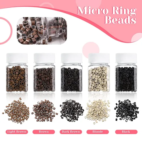 Vista 3 de Kit de herramientas de extensión de cabello de 16 piezas, alicates para quitar 2500 anillos de micro silicona, gancho para tirar de cuentas, aguja