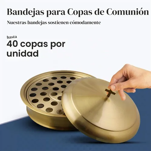 Vista 5 de Communion Ware - Bandeja para servir vino santo con tapa y un plato de pan apilable con tapa, acero inoxidable (latón/dorado)