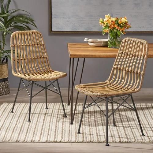 Vista 2 de GDFStudio Sillas de comedor de mimbre para interiores (juego de 2), marrón claro y negro