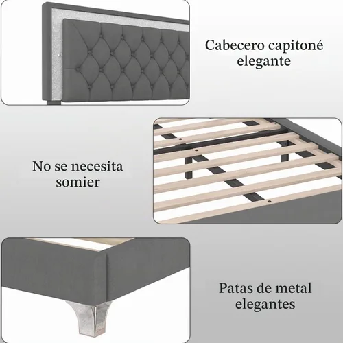 Vista 5 de Merax Cama de plataforma tapizada, tamaño Queen, tela de terciopelo LED, marco de cama de madera con luces LED y cabecera copetuda para dormitorio