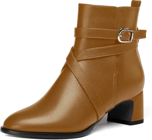 Vista 24 de WAYDERNS Botas altas de tobillo con hebilla casual para mujer, con correa de tobillo sólida mate, tacón bajo y grueso, 2 pulgadas