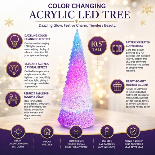 Vista 2 de MOMENTS IN TIME Árbol de Navidad acrílico que cambia de color con luz LED, decoración navideña de mesa, funciona con pilas, efecto de cristal