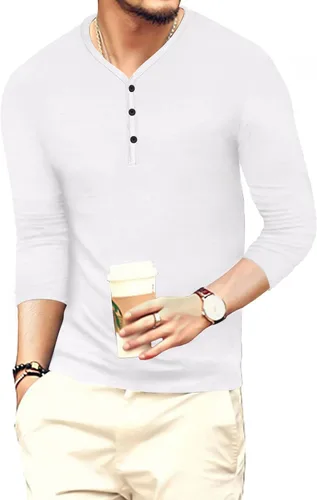 Vista 5 de MLANM Camiseta básica Henley de algodón de manga corta y larga para hombre