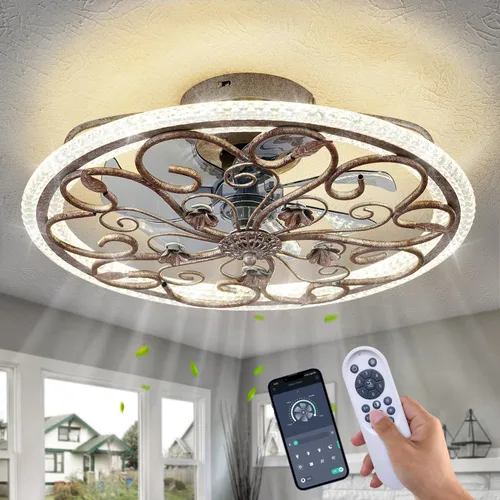 Vista 15 de Ventilador de techo enjaulado blanco con luces y control remoto, ventilador de techo industrial de granja con luz para cocina, dormitorio, sala