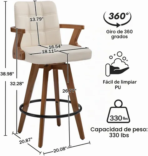 Vista 2 de MEKLIBA Taburetes de bar de 26” de altura de mostrador, Silla de bar tapizada en cuero, Taburetes giratorios con respaldo y brazos, Juego moderno