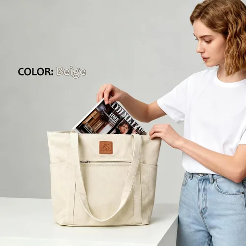 Vista 2 de Bolsos de hombro para mujer, bolsa de lona resistente para trabajo, bolsa de cubo retro Beige