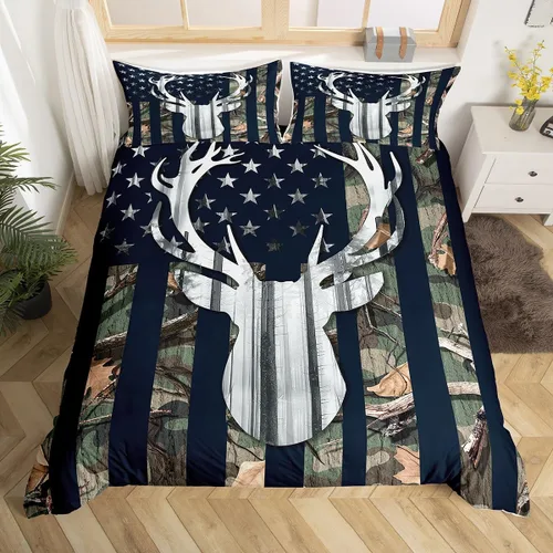 Vista 4 de Funda de edredón con bandera estadounidense de camuflaje, tamaño individual, silueta de ciervo y árboles grises, funda de edredón de estilo natural