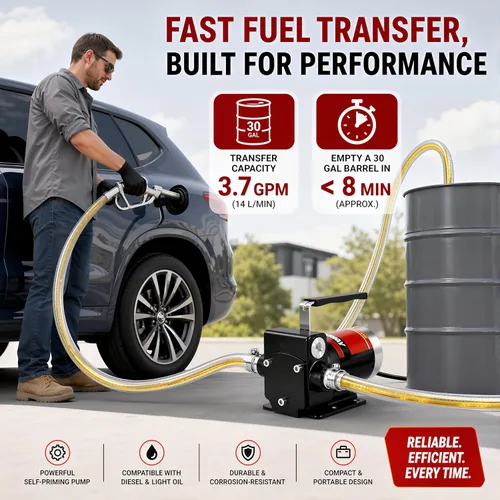 Vista 2 de TOPWAY Bomba de combustible de gasolina de 12 V CC, bomba de transferencia de aceite autocebante de 3.7 GPM con mango, bombeo reversible, protección