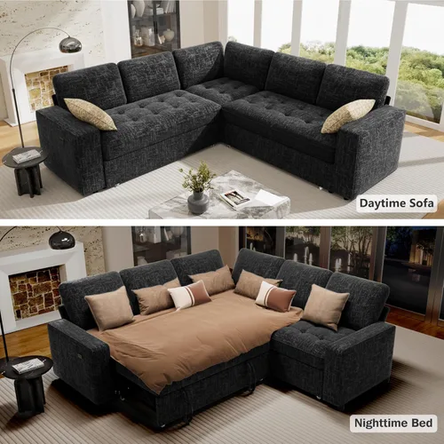 Vista 6 de Vipbear Sofá cama modular en forma de L de 5 asientos con cama extraíble/respaldo reclinable/puertos USB/asiento de almacenamiento, sofá cama Negro