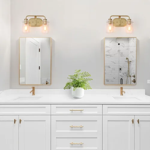Vista 2 de KSANA Lámparas de baño, 2 luces doradas para tocador sobre espejo con pantalla de vidrio sembrado, accesorios de luz de baño dorados, bombilla E26