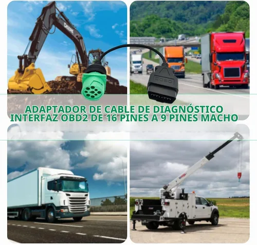 Vista 3 de Cable adaptador OBD2 a J1939 verde tipo 2 (macho de 16 pines a macho de 9 pines) para camiones pesados y vehículos comerciales con conector