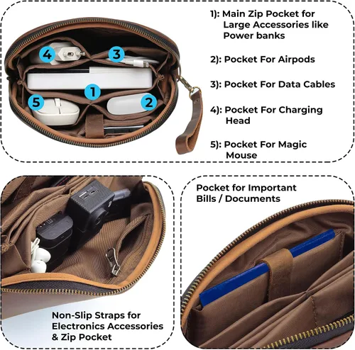 Vista 3 de Bolso de cuero para tecnología con cables y cargadores Bolso de tecnología Bolso de accesorio de viaje con cremallera Estuche organizador