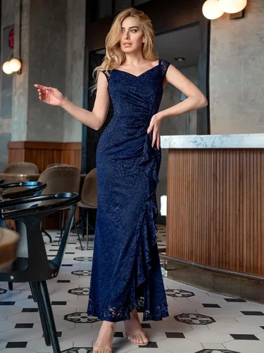 Vista 3 de MISSMAY Vestido largo de noche formal con cuello en V para mujer, estilo vintage, con volantes, encaje floral