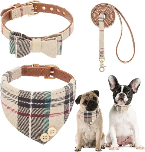 Vista 15 de BINGPET Juego de collar y correa para cachorro con pajarita, pañuelo a Beige