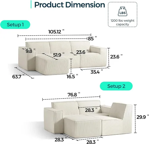 Vista 2 de LINSY HOME Sofá Seccional Modular, Sofá Sin Huesos en Forma de L de 105", Sofá de 3 Asientos con Otomana Móvil, Sofás Seccionales Nube de Pana
