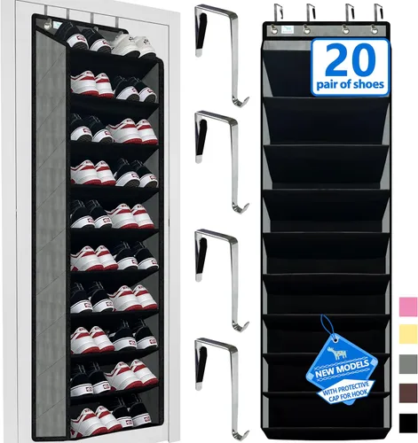 Vista 7 de Organizador de zapatos para la puerta, capacidad grande de 70 libras, organizador de 20-30 pares, bolsillos extra profundos resistentes, ganchos