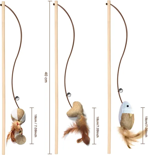 Vista 2 de KABB Juguetes para gatos de interior, 3 piezas de 16 pulgadas de madera natural para gatos con recambios de teaser para gatos y gatitos que se Lino