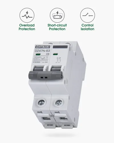 Vista 3 de Interruptor de Circuito en Miniatura AC, Interruptor de Circuito de 6 Amp 120V/240V de 2 Polos para Montaje en Riel DIN, Desconexión de CA Solar
