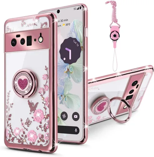 Vista 62 de Funda compatible con Google Pixel 6 Pro para mujer, con purpurina, suave, elegante, transparente, TPU de lujo, bonita funda protectora con correa