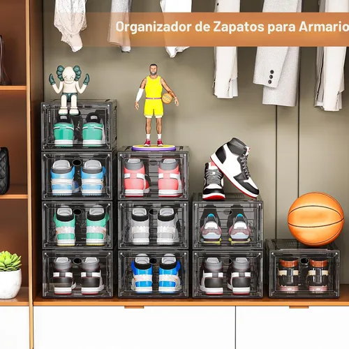 Vista 3 de caktraie Paquete de 10 organizadores de zapatos gruesos apilables, caja de almacenamiento de zapatos resistente mejorada con puerta magnética, Negro