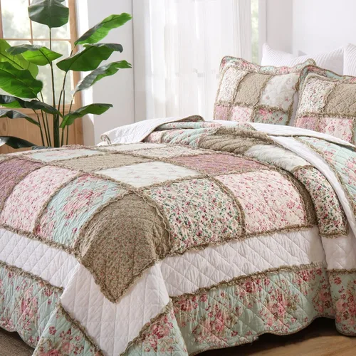 Vista 3 de ABREEZE Juego de edredón acolchado de algodón con diseño de retazos florales y rosas azules, juego de colcha rústica de 3 piezas