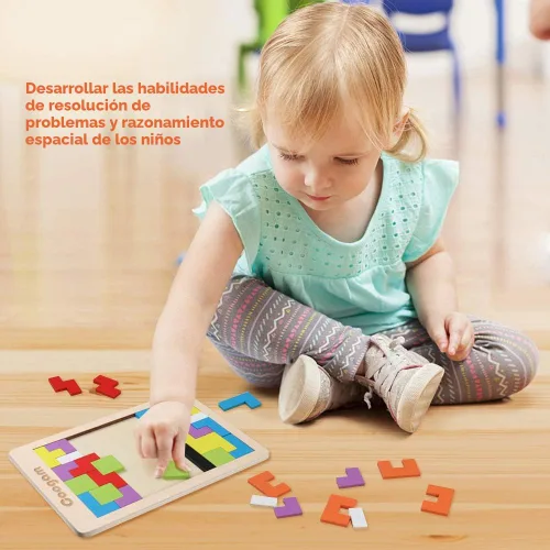 Vista 3 de Coogam Rompecabezas de Bloques de Madera Juguete de Acertijos Cerebrales Tangram Rompecabezas de Inteligencia Colorido Juego de Bloques Rusos 3D