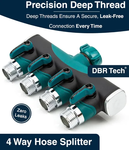 Vista 6 de DBR Tech® Divisor de manguera de 4 vías (durabilidad superior), conector de mangueras de jardín premium, válvula de agua resistente de 4 vías