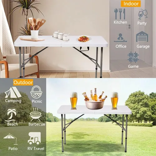 Vista 7 de Mesa plegable de plástico resistente de 4 pies, mesa de campamento plegable portátil, mesa de picnic, mesa de juego con asa, para 48 pulgadas
