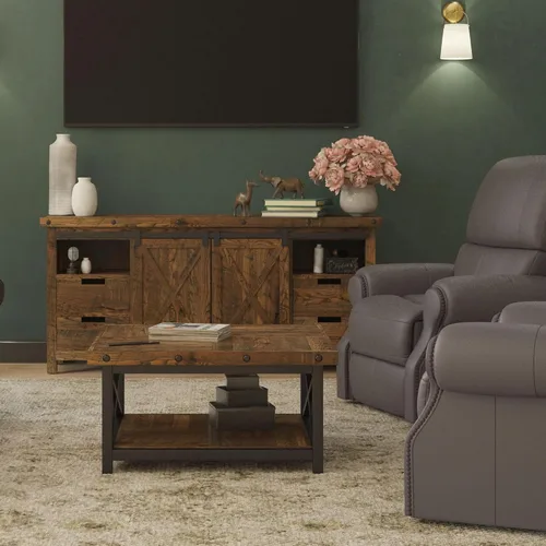 Vista 2 de Flexsteel Mesa de centro industrial rústica, mesa cuadrada de madera de acacia maciza con estante de almacenamiento, muebles de sala de estar