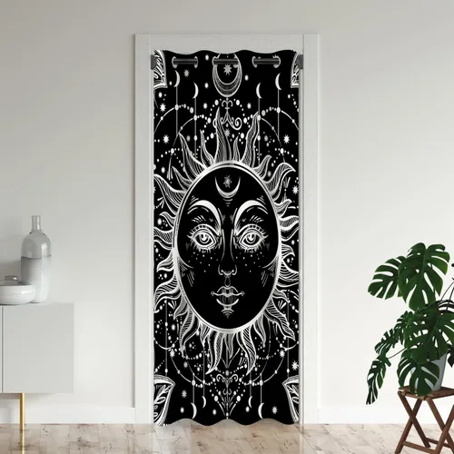 Vista 10 de Cortinas opacas de fantasía bohemias para puertas, diseño de luna mística, estrellas, tribal, para armario de dormitorio de niños, con ojales
