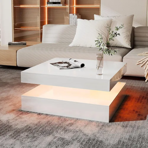 Vista 14 de HedoAjim Mesa de centro LED negra para sala de estar, mesa de sala de estar, mesas centrales cuadradas de 2 niveles, mesas de centro de madera