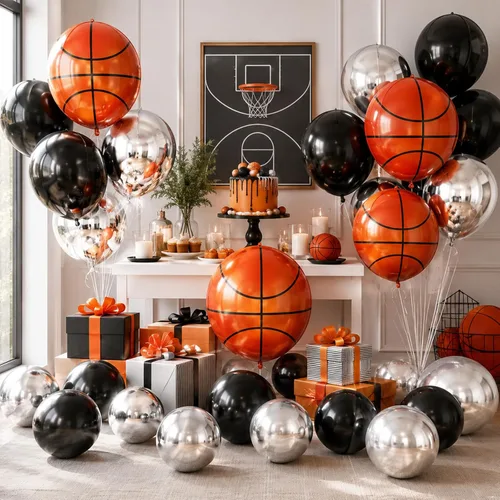 Vista 6 de Globos redondos de papel de aluminio para baloncesto, globos de helio 4D de 22 pulgadas, 18 pulgadas, 15 pulgadas, balón de baloncesto negro