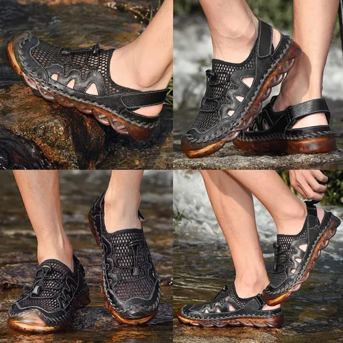 Vista 7 de Qiucdzi Sandalias deportivas para hombre con puntera cerrada, sandalias deportivas de cuero hechas a mano, sandalias ajustables de pescador