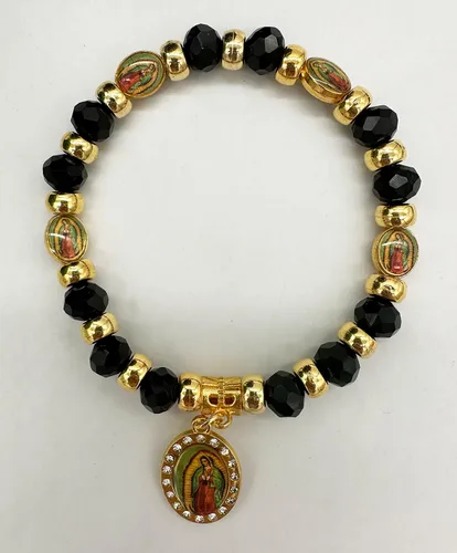 Vista 5 de RBN Pulsera de cuentas negras Virgen María con cuentas de protección de prosperidad buena suerte, pulsera de la Virgen María Color Negro Católica