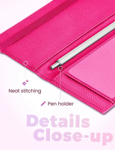 Vista 17 de Yarnic Funda para chequera personal, soporte para chequera con soporte para bolígrafo y divisor de plástico transparente integrado para cheques Rosa