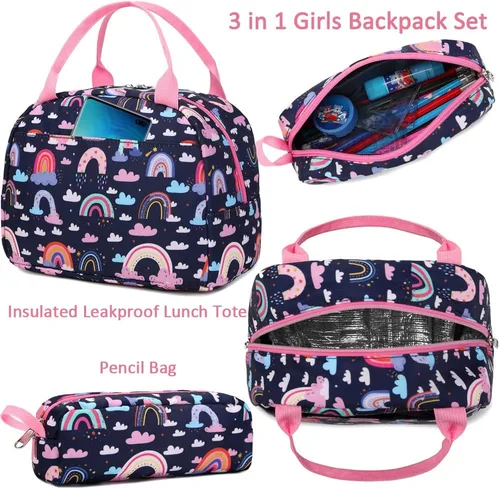 Vista 50 de Juego de mochila para niñas y adolescentes, mochila escolar para niños con bolsa para el almuerzo, estuche para lápices, mochilas escolares