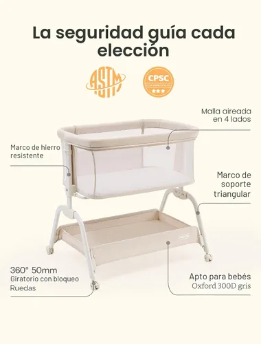 Vista 5 de HARPPA Moisés Acogedor, Moisés de Bebé 2 en 1 con Malla Transpirable y Colchón, 6 Alturas Ajustables, Cuna Lateral con Correa de Anclaje, Cesta