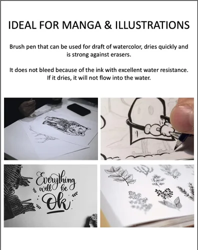 Vista 2 de Zebra Fude Sign - Bolígrafo mediano (WF3), bolígrafo de caligrafía para dibujos artísticos, ilustración de manga, tinta negra resistente al agua